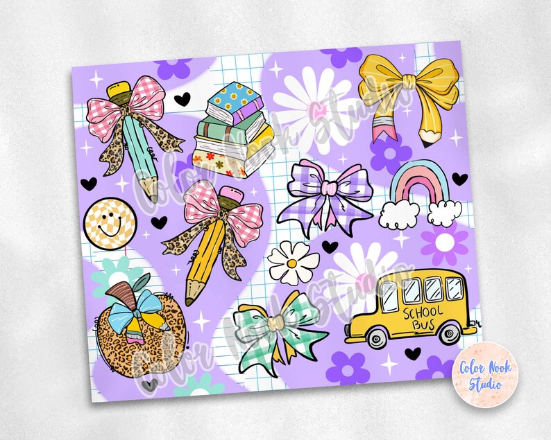 May include: A whimsical illustration featuring school-themed elements on a purple background. The design includes pencils with bows, stacks of books, a school bus, a rainbow, and daisies. The overall theme is back-to-school.