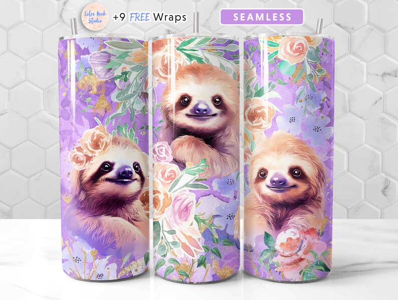 Sloth Tumbler Wrap PNG Flowers Seamless Sublimation 20 Oz Tumbler ...