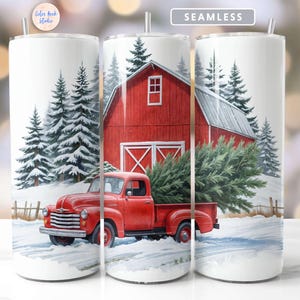 Red Truck Tumbler Wrap Christmas Sublimation Design Seamless 20 oz Skinny Tumbler PNG Digital Download