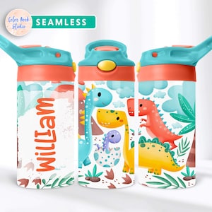 Dinosauro Kids 12 oz Flip Top Tumbler Wrap Design Personalizzato PNG Bottiglia d'acqua Sublimazione Aggiungi il tuo nome Download digitale istantaneo