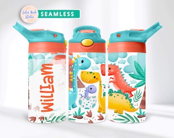Dinosaur Kids 12 oz Flip Top Tumbler Wrap Design Personalized PNG Water Bottle Sublimation Add Your Own Name Instant Digital Download