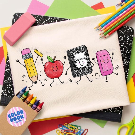 Back to School PNG, Happy School Supply Doodles, Boutique Teacher Design, Hand Drawn PNG File