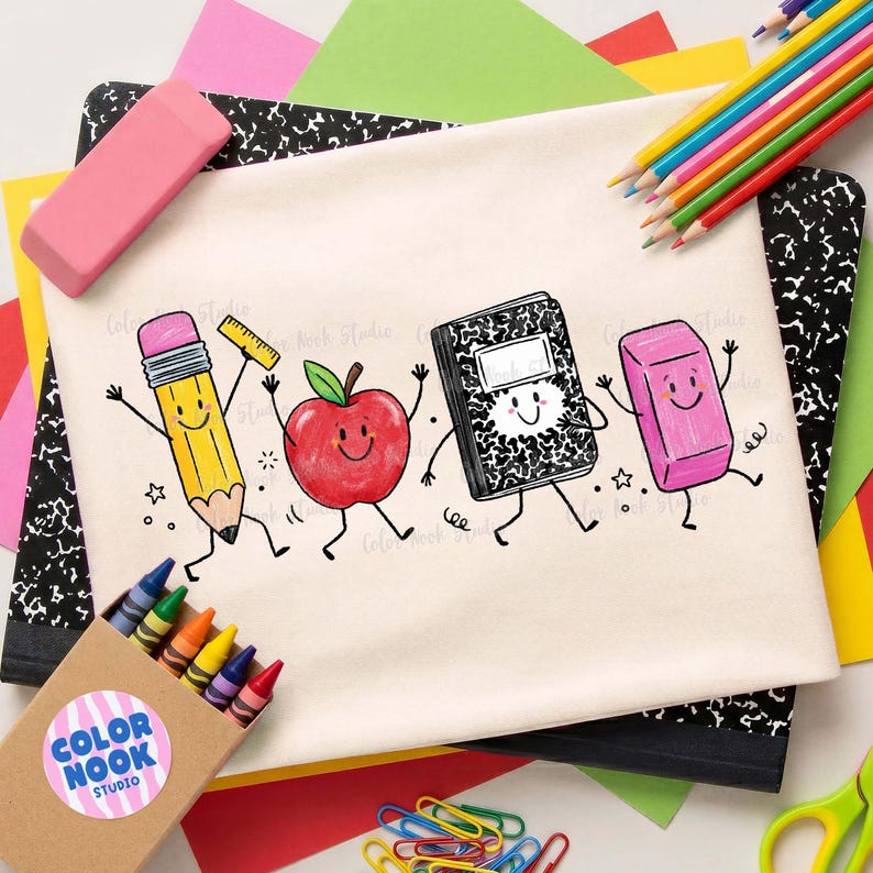 May include: A cream-colored canvas bag featuring a whimsical illustration of a pencil, ruler, apple, notebook, and eraser, all with smiling faces and animated legs. The bag is surrounded by colorful school supplies, including crayons, pencils, and composition notebooks.