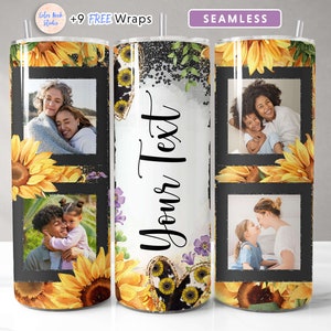 Photo Tumbler Wrap PNG Add Your Own 4 Pictures & Text Seamless Sublimation Sunflower 20 oz Tumbler Design Instant Digital Download