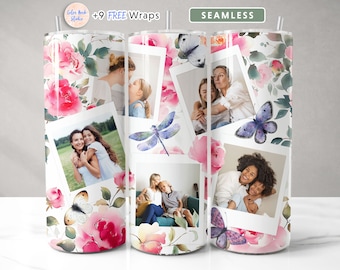 May include: A white tumbler with a floral pattern and photos of families. The photos are in a polaroid style with a white border. The tumbler has the text "+9 FREE Wraps" and "SEAMLESS" on it.
