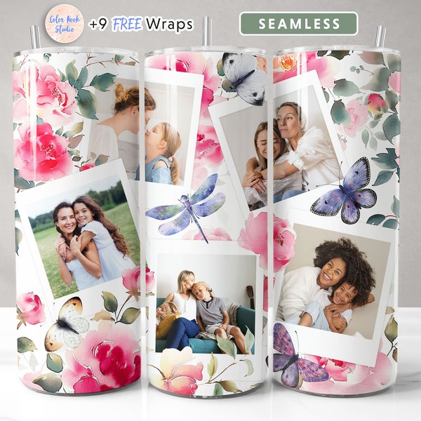 Flower Picture Tumbler Wrap Butterfly & Dragonfly PNG Add Your Own Photos Seamless Sublimation 20 oz Tumbler Design Instant Digital Download