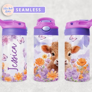 Baby Cow Kids 12 oz Flip Top Tumbler Wrap Kids Butelka na wodę Sublimacja Projekt PNG Bezszwowe Dodaj swoje imię Pobieranie cyfrowe