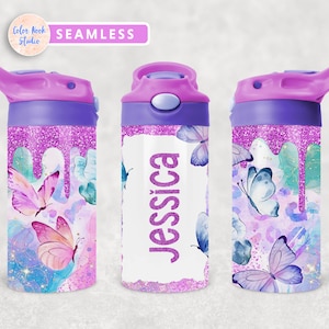Butterfly Kids 12 oz Flip Top Tumbler Wrap PNG Personalized Design Water Bottle Sublimation Add Your Own Name Instant Digital Download