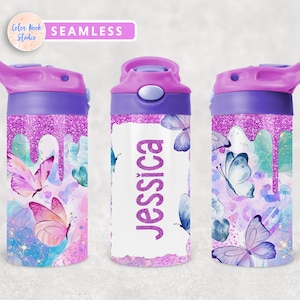 Motyl Dzieci 12 oz Flip Top Tumbler Wrap PNG Spersonalizowany projekt Butelka na wodę Sublimacja Dodaj własne imię Natychmiastowe pobranie cyfrowe