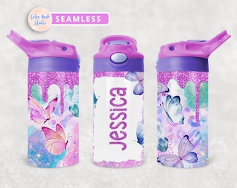 Butterfly Kids 12 oz Flip Top Tumbler Wrap PNG Personalized Design Water Bottle Sublimation Add Your Own Name Instant Digital Download
