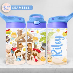 May include: Three blue and purple water bottles with a Christmas nativity scene design. The bottles have a straw lid and a white background with a colorful nativity scene. The name "Riley" is written on one of the bottles.
