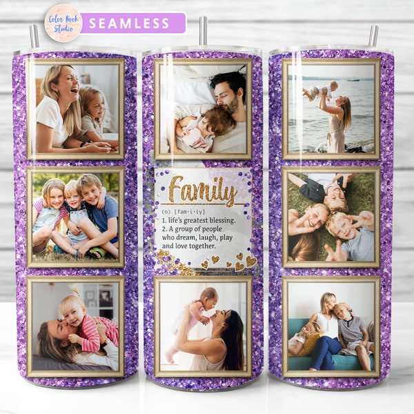 Family Photo Tumbler Wrap PNG Add Your Own 8 Pictures Purple Glitter Seamless Sublimation 20 oz Tumbler Design Instant Digital Download