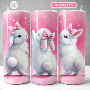 Bunny Tumbler Wrap PNG Coquette Bow Three Bunnies Sublimation Seamless 20 oz Skinny Tumbler Design Digital Download