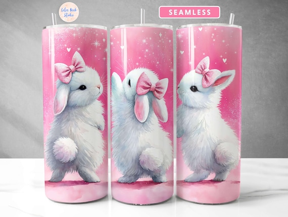 Bunny Tumbler Wrap PNG Coquette Bow Three Bunnies Sublimation Seamless 20 oz Skinny Tumbler Design Digital Download