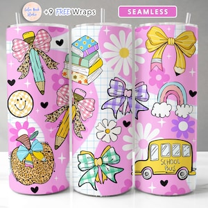 Teacher Tumbler Wrap Pink Coquette School PNG Seamless Sublimation 20 oz Skinny Tumbler Design Instant Digital Download