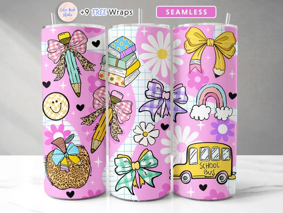 Teacher Tumbler Wrap Pink Coquette School PNG Seamless Sublimation 20 oz Skinny Tumbler Design Instant Digital Download