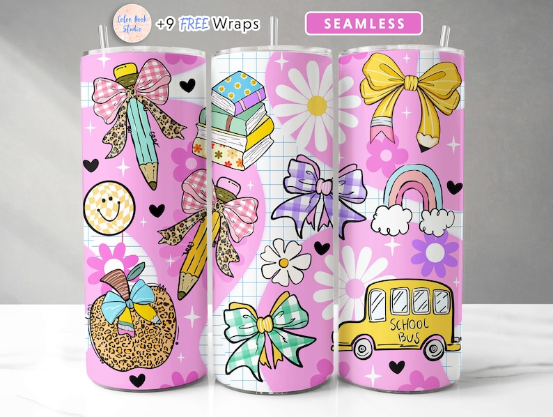 May include: Pink tumbler with a school-themed design. The tumbler features illustrations of pencils, bows, a school bus, a rainbow, and a smiling face. The design includes a grid pattern and floral accents.