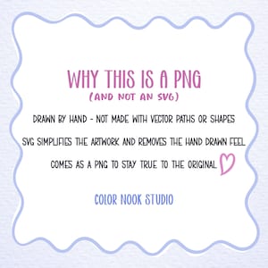 May include: White background with a light blue wavy border. The text "WHY THIS IS A PNG (AND NOT AN SVG)" is in pink. Additional text explains the image is hand-drawn and comes as a PNG. A pink heart is included. The text "COLOR NOOK STUDIO" is in blue.
