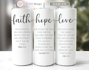 Christian Tumbler Wrap Glaube Hoffnung Liebe Bibel Verse Gott Jesus PNG Nahtlose Sublimation 20 Unzen Tumbler Design Digitaler Download