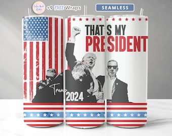 May include: A white tumbler with a red, white, and blue American flag design. The tumbler has a black and white image of a man with the text "That's My President" and "Trump 2024".