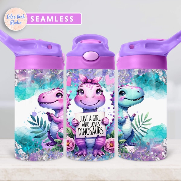 Dinosaur Kids 12 oz Flip Top Tumbler Wrap Just a Girl Who Loves Dinosaurs Water Bottle Sublimation Design PNG Add Your Name Digital Download