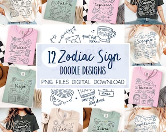12 Zodiac Signs Bundle PNG, Astrology Doodle Art, Transparent Background, Digital Download - Hand Drawn by Color Nook Studio