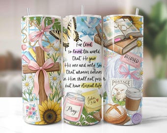 John 3:16 Collage Seamless 20 oz Skinny Tumbler Wrap PNG, Christian Bible Verse, Faith Coquette Bow Sublimation Design