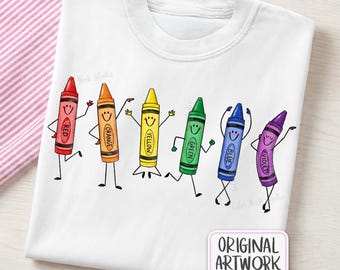Happy Crayon Doodles PNG, Back to School Teacher Shirt, Kindergarten Sublimation File, Dancing Rainbow Crayons Graphic, Preschool Design