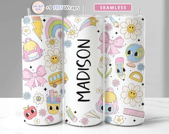 Teacher Tumbler Wrap Design Retro Groovy School Add Your Own Name/Text Seamless Sublimation 20 oz Skinny Tumbler PNG Digital Download