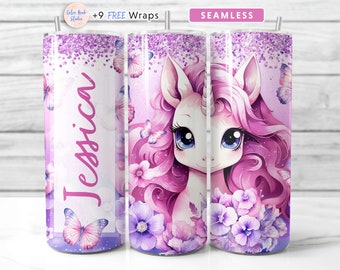 Unicorn 20 oz Tumbler Wrap PNG Add Your Name Pink Hair Cute Watercolor Sublimation Seamless Design Instant Digital Download