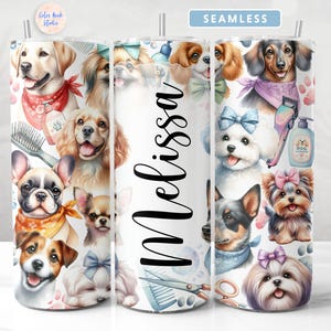 May include: A white tumbler with a seamless design featuring various dog breeds in watercolor illustrations. The tumbler has the name "Melissa" printed on it in black lettering. The dogs are depicted with grooming tools, such as brushes, scissors, and a bottle of dog shampoo.