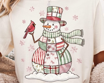 Muñeco de nieve de patchwork con cardenal rojo PNG, diseño de patchwork navideño, coqueta navideña PNG, Feliz Navidad, descarga digital