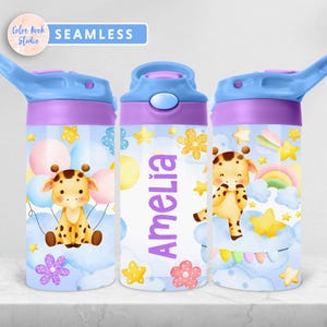 Giraffe Kids 12 oz Flip Top Tumbler Wrap PNG Safari Animal Bottiglia d'acqua personalizzata Design Sublimazione Aggiungi il tuo nome Download digitale