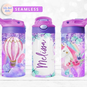Jednorożec Dzieci 12 oz Flip Top Tumbler Wrap Glitter Dzieci Butelka na wodę Sublimacja Projekt PNG Bezszwowe Dodaj swoje imię Pobieranie cyfrowe
