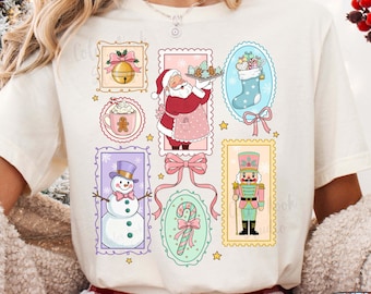 Christmas Postage Stamp Design PNG – Bow, Santa, Nutcracker, Snowman, Candy Cane, Hot Cocoa, Stocking, Jingle Bell – Digital Download