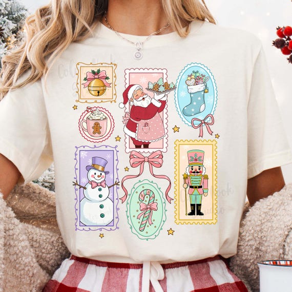 Christmas Postage Stamp Design PNG – Bow, Santa, Nutcracker, Snowman, Candy Cane, Hot Cocoa, Stocking, Jingle Bell – Digital Download