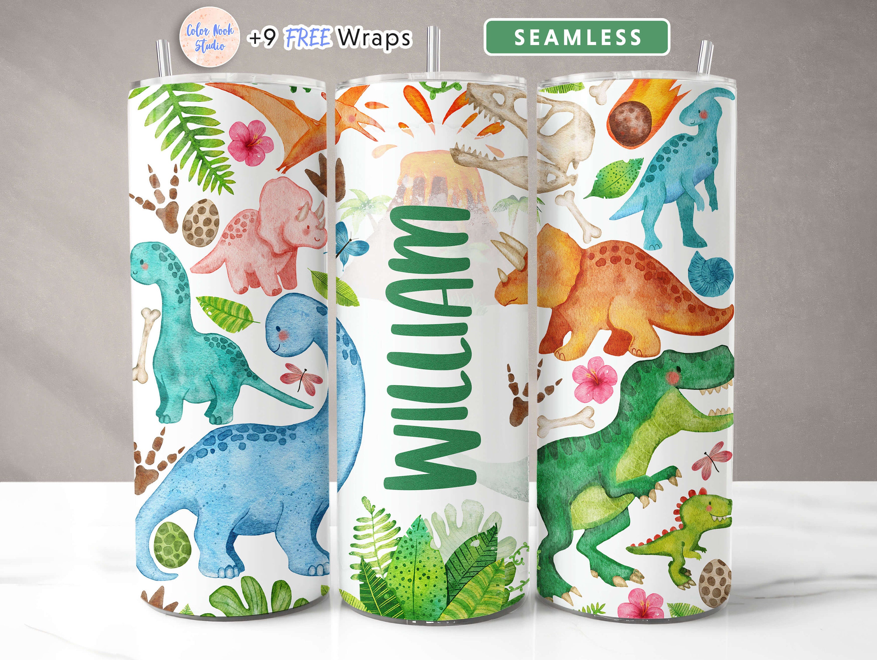 Opakowanie na kubek z dinozaurem PNG Dodaj własne imię 20 oz. Wąski kubek z nadrukiem Bezszwowa sublimacja Natychmiastowe pobieranie cyfrowe