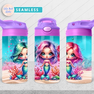 Mermaids Kids 12 oz Flip Top Tumbler Wrap Colorful Kids Water Bottle Sublimation Design PNG Seamless Instant Digital Download
