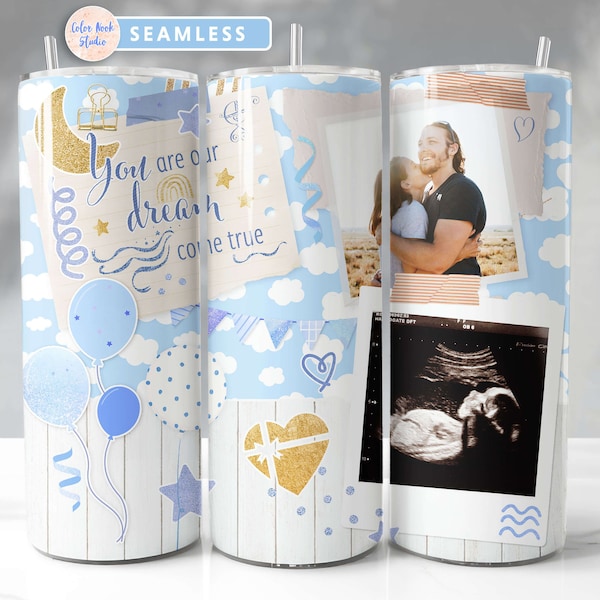 Parent to Be Tumbler Wrap Family Photo PNG Add Your Own Pictures Baby Blue Seamless Sublimation 20 oz Tumbler Design Instant Download