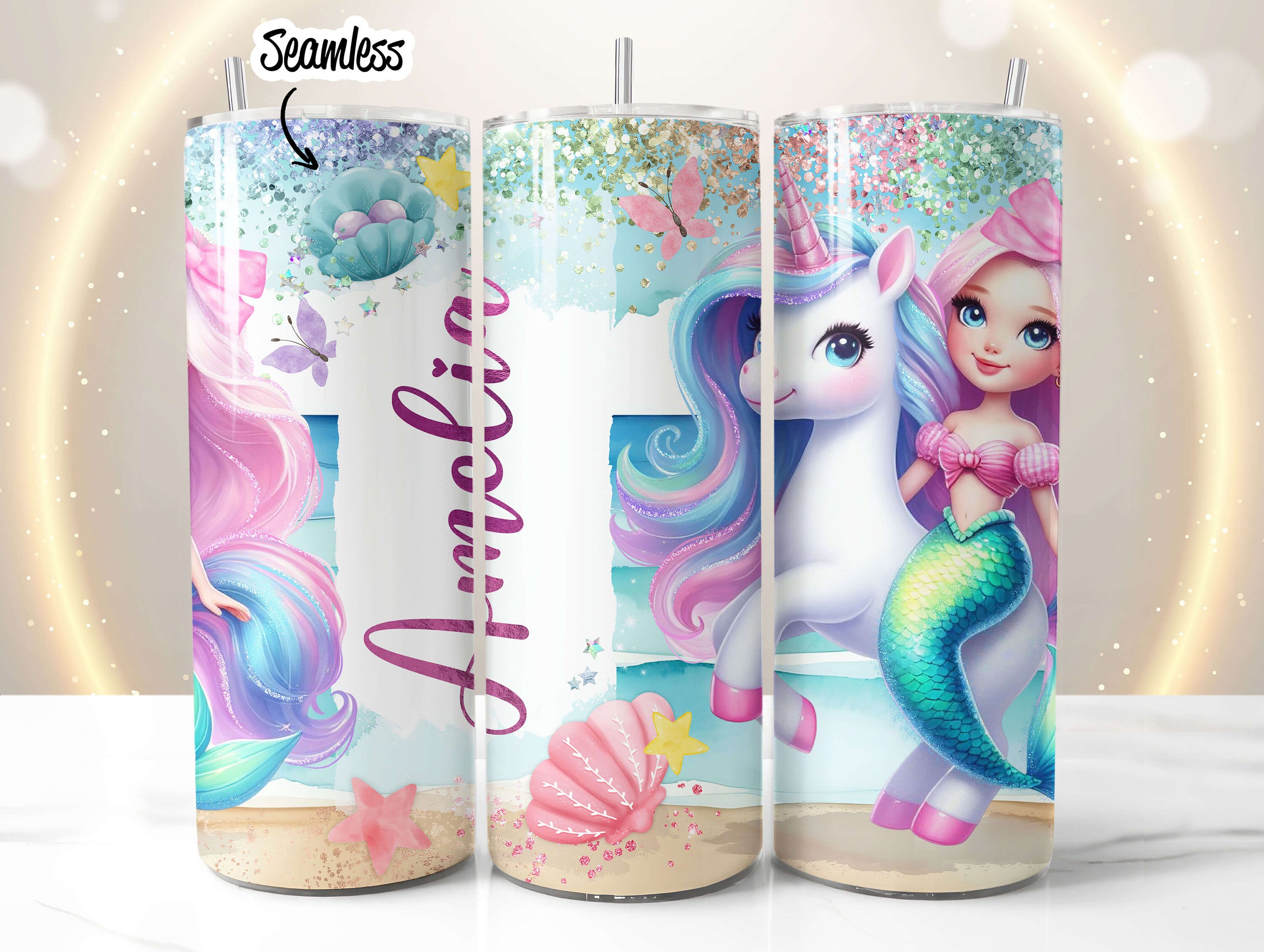 Mermaid & Unicorn Tumbler Wrap PNG Add Your Own Name Personalized 20 Oz ...
