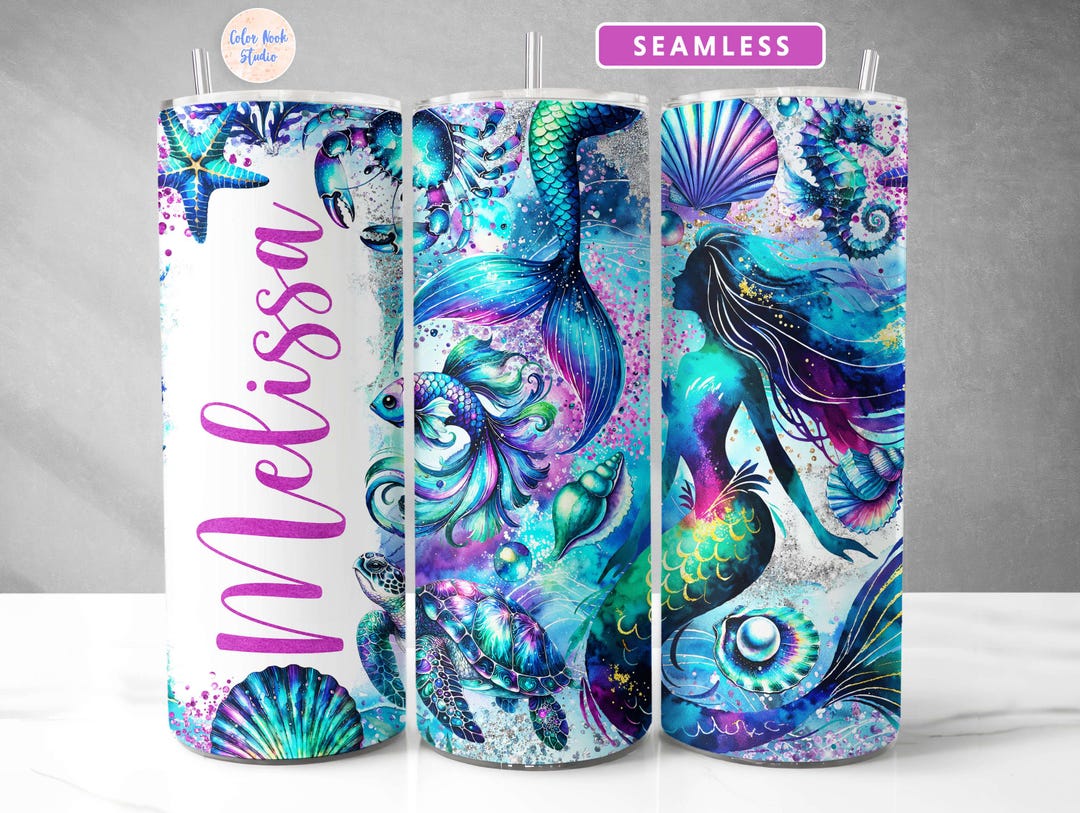 Mermaid Tumbler Wrap PNG Glitter Watercolor Personalized Add Your Own ...