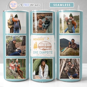 May include: A light blue 20 oz tumbler featuring a collage of outdoor photos. The tumbler has a seamless design with the text "making memories one campsite at a time" and includes a straw.