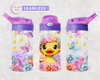 Yellow Duck Kids 12 oz Flip Top Tumbler Wrap Kids Botella de agua Diseño de sublimación PNG Descarga digital instantánea sin costuras