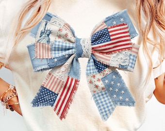 Patriotic Coquette Bow PNG File, Faux Patchwork Design, Vintage Style American Flag, 4th of July PNG, Independence Day