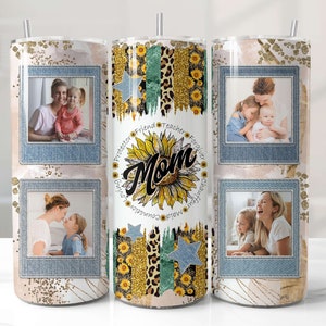 Foto di mamma 20 oz Tumbler Wrap Jeans e girasoli PNG Aggiungi le tue 4 immagini Design a sublimazione senza soluzione di continuità Download digitale istantaneo