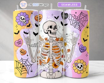 Skeleton Tumbler Wrap Retro Halloween PNG Sublimación sin costuras 20 oz Skinny Tumbler Diseño Descarga digital instantánea