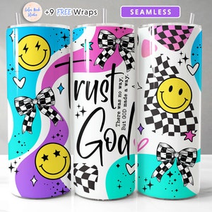 May include: Three stainless steel tumblers with different designs. The first tumbler has a purple, pink, and blue background with a smiley face, a bow, and stars. The second tumbler has a white background with the words "Trust God" and a checkered pattern. The third tumbler has a blue, white, and pink background with a smiley face, a bow, and a checkered pattern. The tumblers are all 20 ounces.