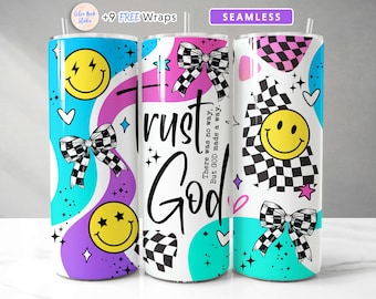 Christian Tumbler Wrap Trust God Retro Smile Colorful PNG Seamless Sublimation 20 oz Tumbler Design Instant Digital Download