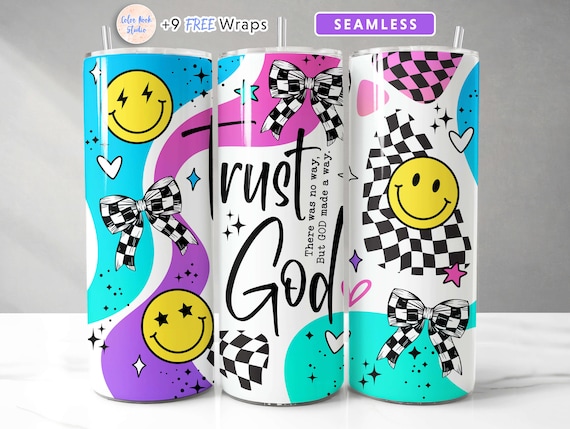 Christian Tumbler Wrap Trust God Retro Smile Colorful PNG Seamless Sublimation 20 oz Tumbler Design Instant Digital Download