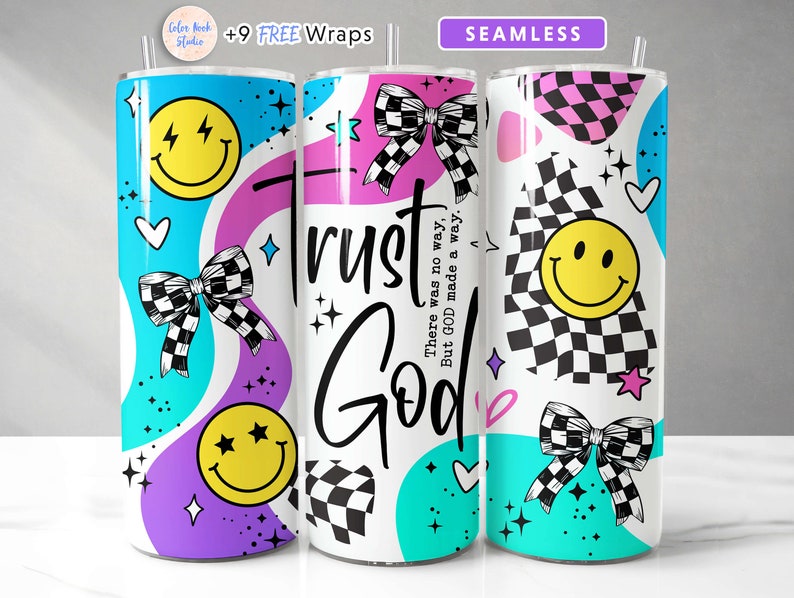 May include: Three stainless steel tumblers with different designs. The first tumbler has a purple, pink, and blue background with a smiley face, a bow, and stars. The second tumbler has a white background with the words "Trust God" and a checkered pattern. The third tumbler has a blue, white, and pink background with a smiley face, a bow, and a checkered pattern. The tumblers are all 20 ounces.